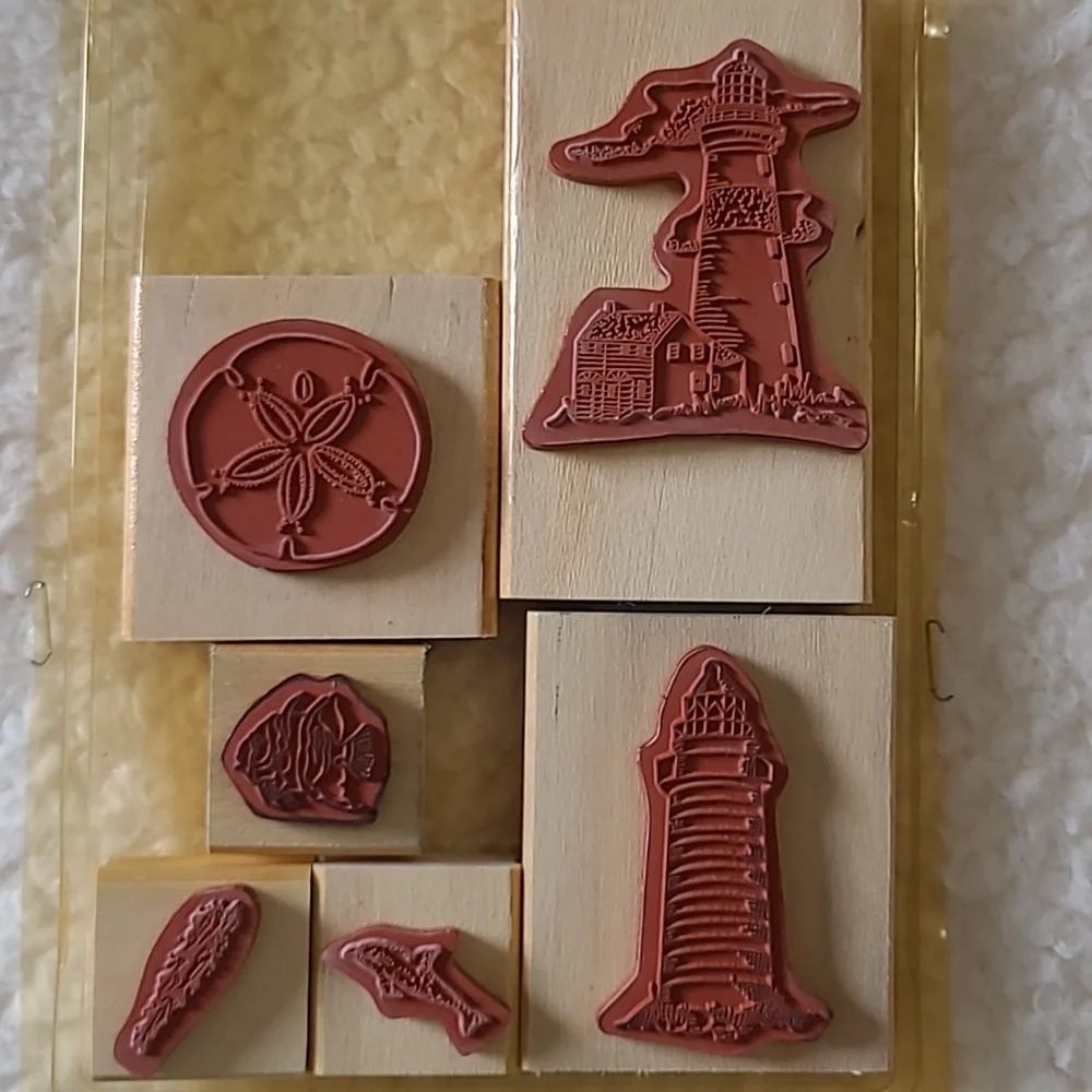 20 Wooden Stamps Lighthouse Seashells Fruit Flowers Bloom Where You're Planted